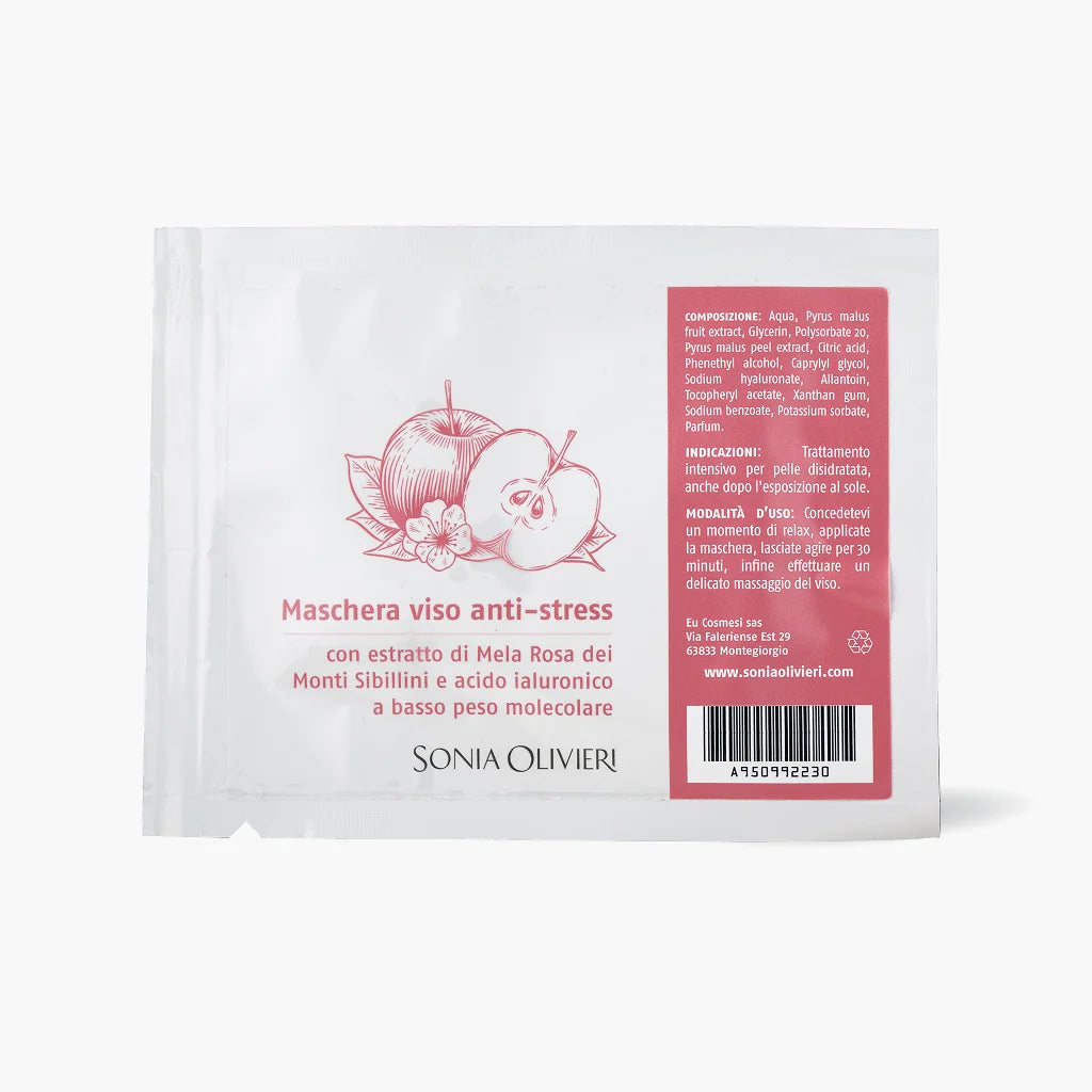 Maschera viso anti-stress 100% bamboo con estratto di Mela Rosa dei Monti Sibillini e acido ialuronico